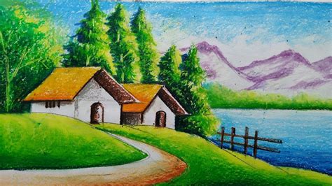 beautiful village drawing easy|Village Landscape Scenery Drawing with Oil Pastels.